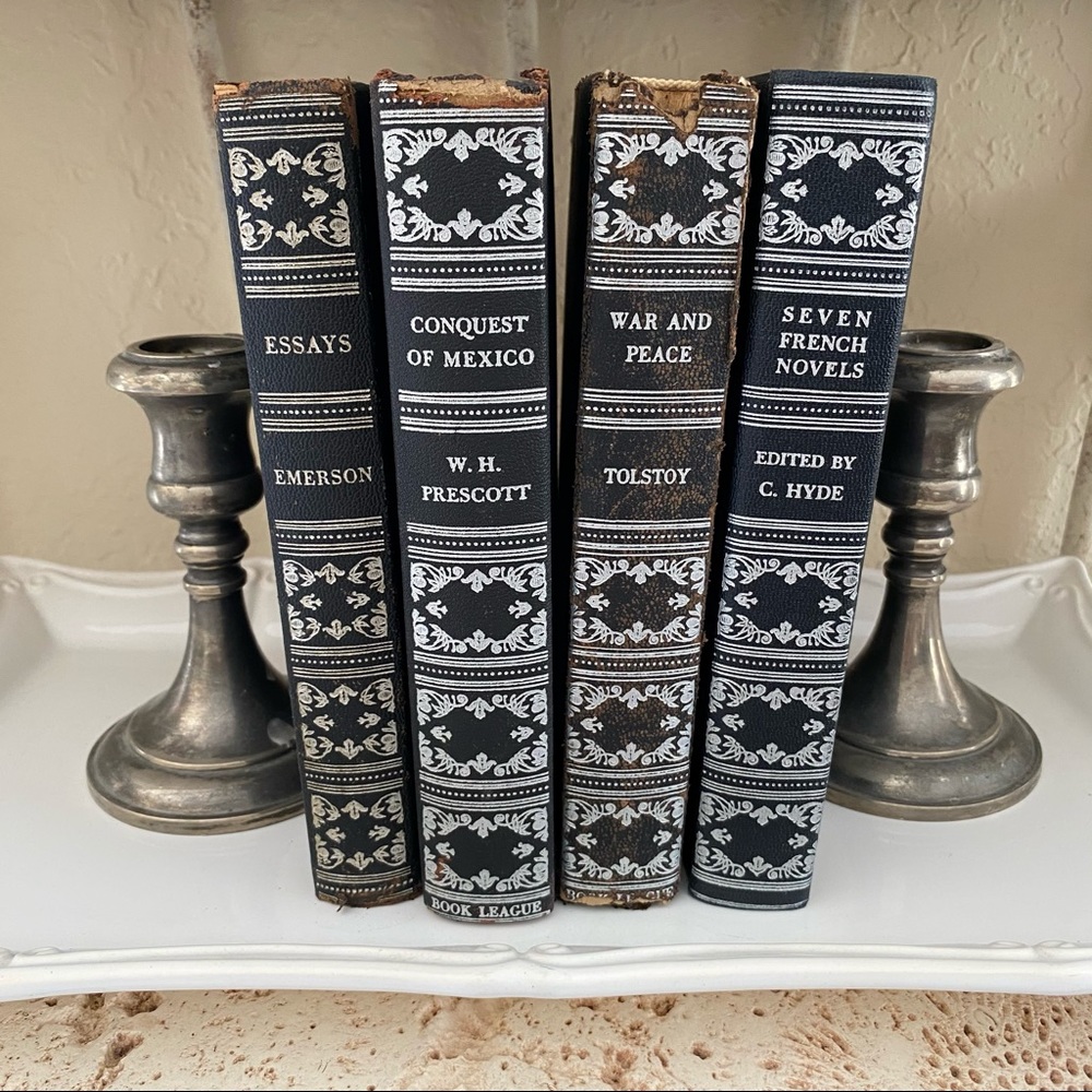 Vintage Collection of 4 Books By Emerson, W.H. Prescott, Tolstoy, C. Hide